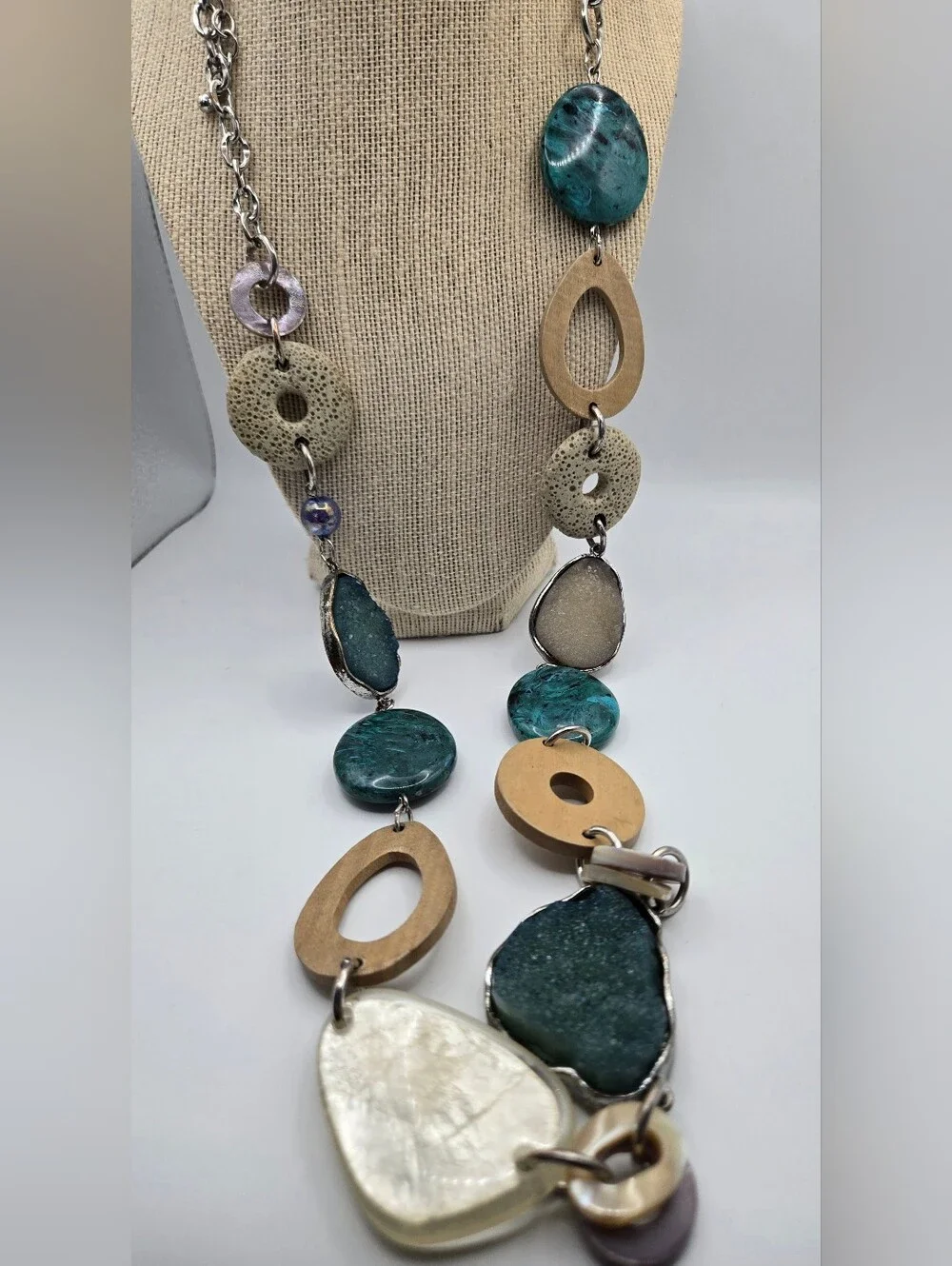Chico's Teal Wood Silver Mixed Media Necklace Druzy Labradorite Turquoise READ